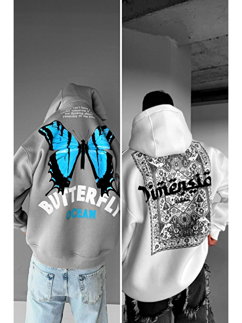 Abluka Online Erkek Oversize Kapüşonlu Baskılı 2'Li Hoodie Gri-Beyaz - S000491219-37276