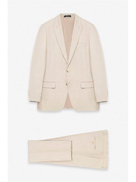 Süvari Bej Regular Sivri Yaka 4 Drop Yelekli Takım Elbise