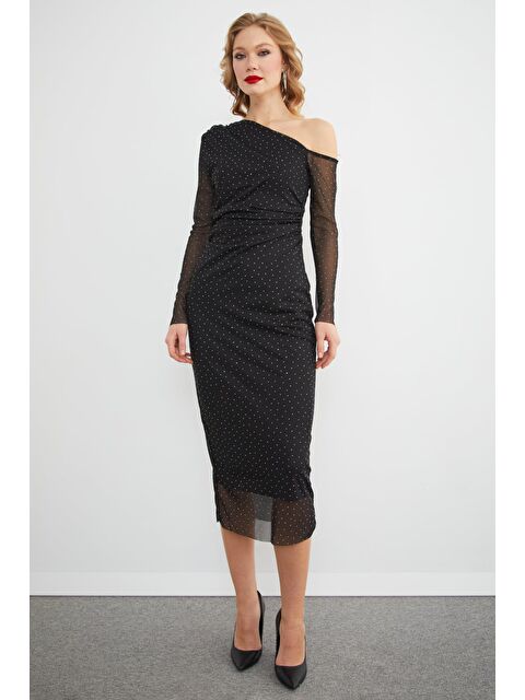 Fullamoda Taş Detaylı Drapeli Astarlı Tül Elbise - S000487825-19351