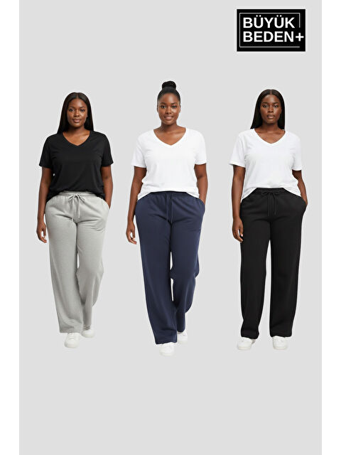 Süperlife Kadın Büyük Beden Paça Reçme İnce Eşofman Altı 3’lü Set – Rahat Kalıp SPR26BEA952+3 - S000487827-3491