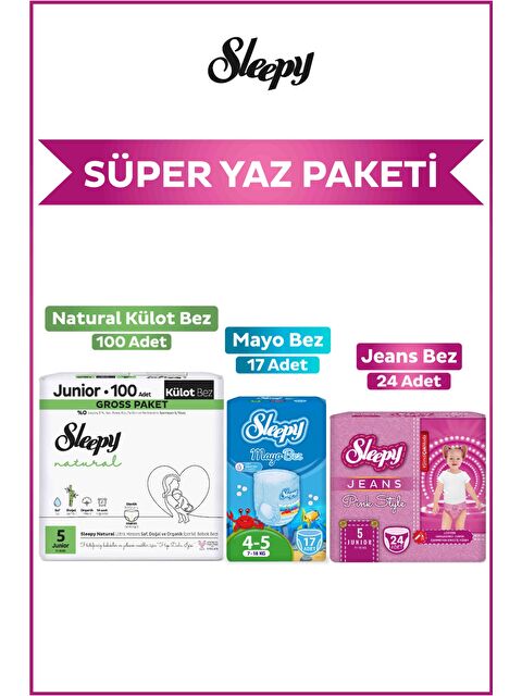 Sleepy Pink Jeans Külot Bez 5 Numara 24 Adet+Mayo Külot Bez 17 Adet+Natural Gross Külot Bez 100 Adet - S000399471-10231