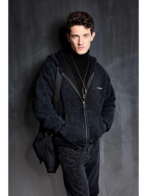 Abluka Online Erkek Relax Fit Yıkamalı Kapüşonlu Sweatshirt Siyah - S000491220-19351