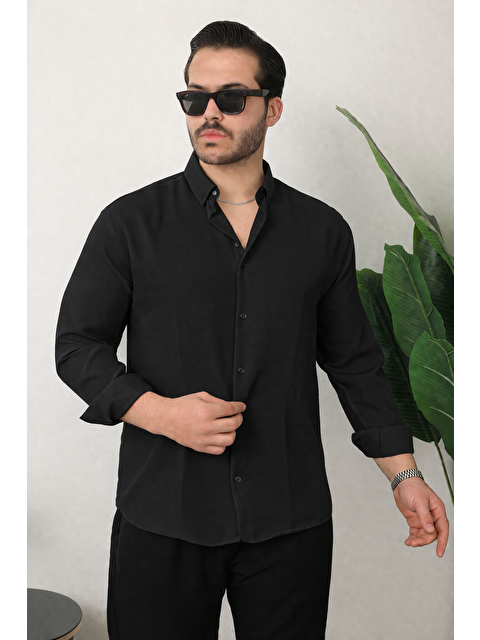 Comstar Erkek Trend Dokulu Kısa Kol Basic Siyah Keten Gömlek