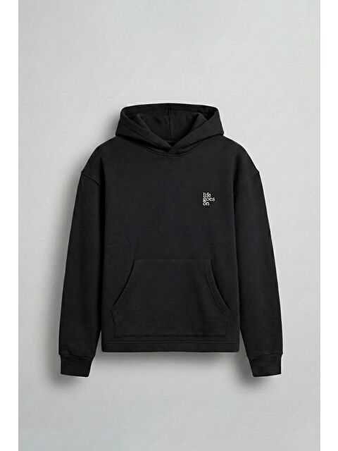 Abluka Online Erkek Kabartmalı Baskılı Kapüşonlu Hoodie Siyah - S000491225-19351