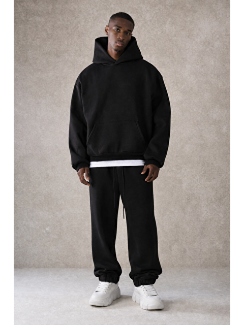 Tarz Cool Erkek Pamuklu Içi Polarlı Kapüşonlu Basic Relaxed Siyah Eşofman Takımı - S000494002-19351