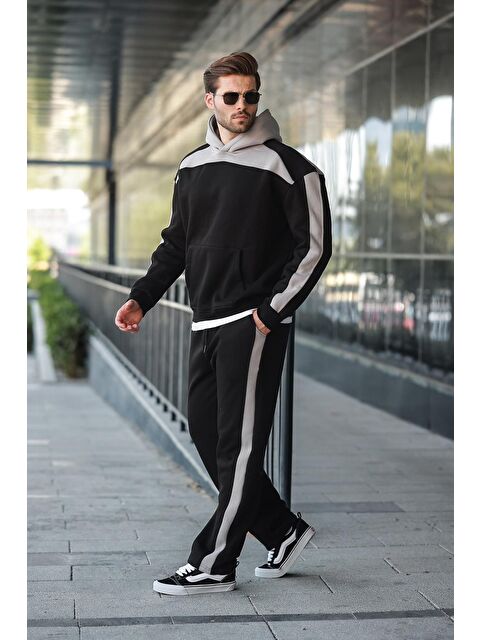 Madmext Siyah Kapüşonlu Şerit Detaylı Erkek Eşofman Takımı E7326 - S000445065-19351