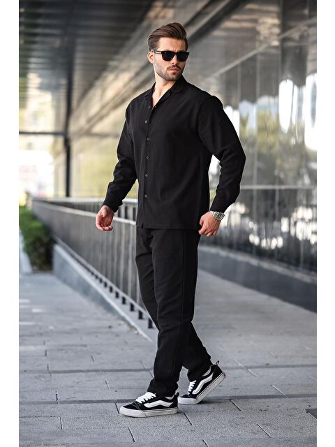 Madmext Siyah Rahat Kesim Erkek Keten Gömlek Pantolon %100 Pamuk Takım E7327 - S000445077-19351