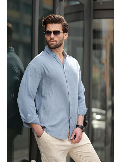 Madmext Mavi Basic %100 Pamuklu Uzun Kollu Erkek Gömlek E6761 - S000369742-17234