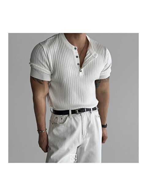 Tarz Cool Erkek Hakim Yaka Düğmeli Triko T-Shirt