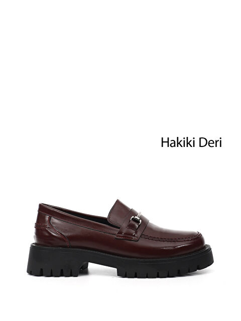 GÖNDERİ(R) Kadın EKRU-BORDO Kalın Topuklu Tokalı Hakiki Deri Loafer Ayakkabı - S000498857-37576