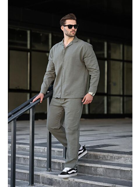 Madmext Haki Rahat Kesim Erkek Keten Gömlek Pantolon %100 Pamuk Takım E7327 - S000445077-18547