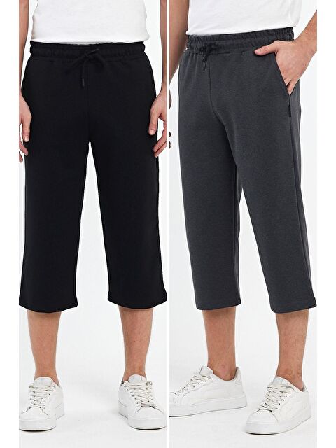 Mmetalic Erkek 2'Li Yanları Cepli Bermuda Diz Altı Kapri Beli Ayarlanabilir Lastikli Uzun Şort - S000230747-37421