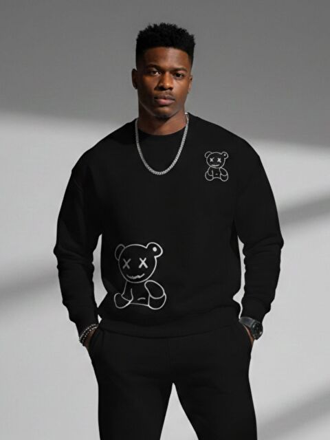 Trendseninle Erkek Siyah Xbear Yarım Baskılı Oversize Bisiklet Yaka Uzun Kollu Sweatshirt - S000504543-19351