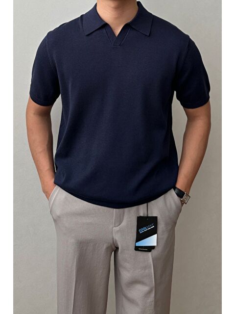 Tarz Cool Erkek Lacivert Patlı Kısa Kollu Polo Yaka Triko T-Shirt - S000403968-21164
