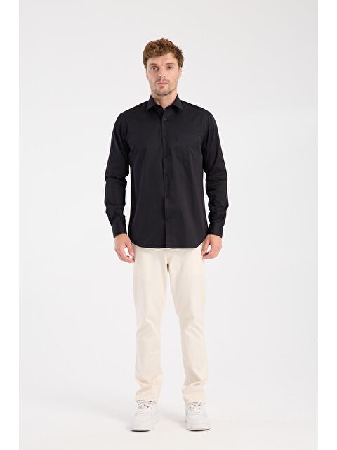 ABBATE Aclub Ac10105 Saten Pamuklu Regular Fit Siyah Klasik Yaka Erkek Düz Gömlek - S000474526-19351