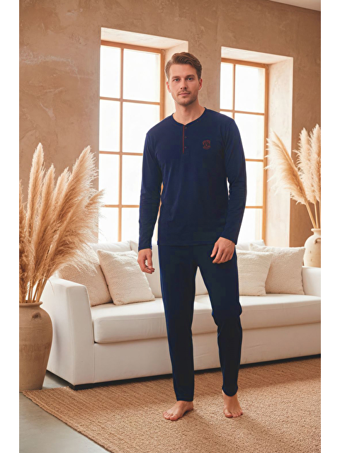 Kompedan Erkek Uzun Kollu 4 Mevsim Penye Süprem Önü Patlı Pijama Takımı | Lacivert 802 - S000511090-21164
