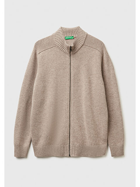 United Colors Of Benetton Erkek Bej Melanj %100 Yün Ribana Detaylı Fermuarlı Hırka - S000487954-19928
