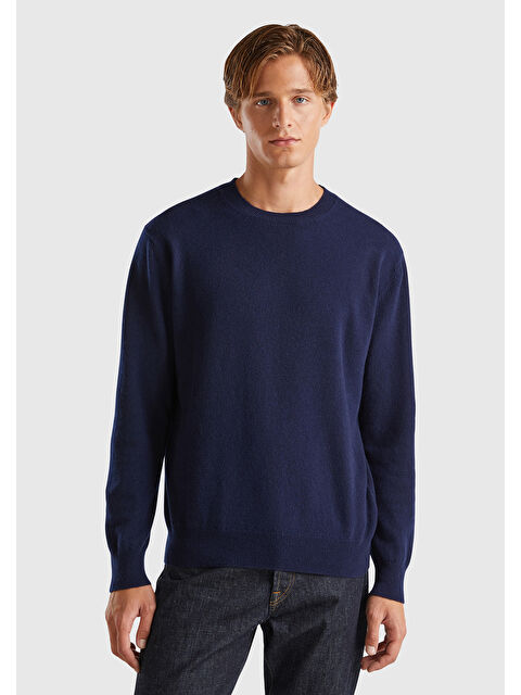 United Colors Of Benetton Erkek Lacivert %100 Kaşmir Normal Kesim Ribanalı Yuvarlak Yaka Kazak - S000434592-21164