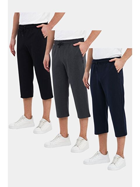 Mmetalic Erkek 3'Lü Yanları Cepli Bermuda Diz Altı Kapri Beli Ayarlanabilir Lastikli Uzun Şort - S000230747-37189