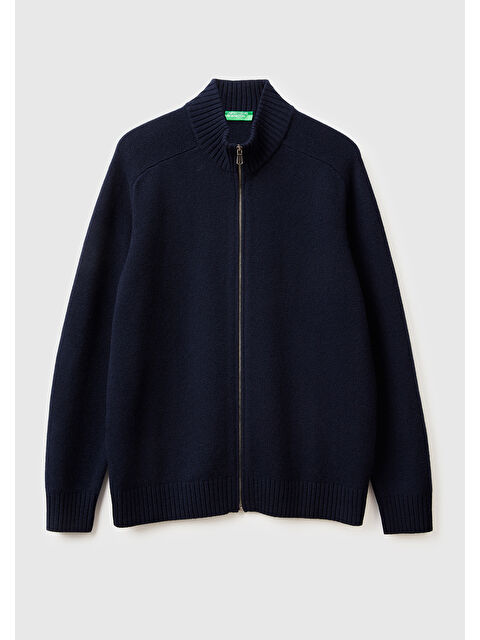 United Colors Of Benetton Erkek Lacivert %100 Yün Ribana Detaylı Fermuarlı Hırka - S000487954-21164