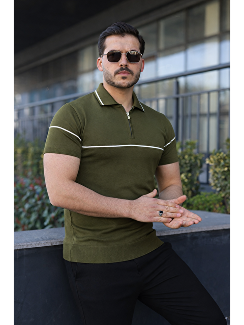 Comstar Erkek Günlük Çizgili Fermuarlı Triko Haki Polo Yaka Tişört