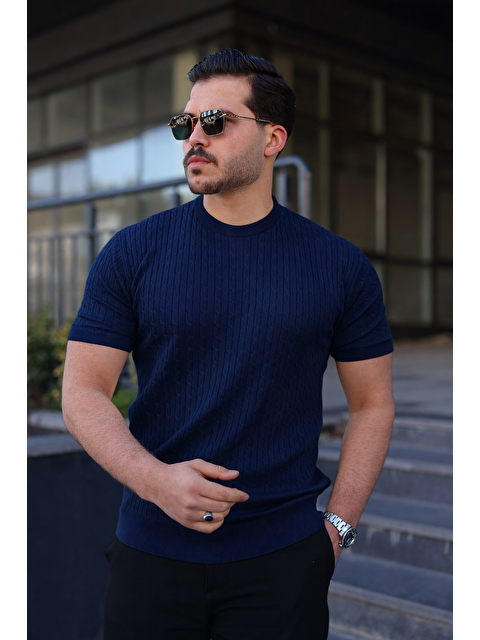 Comstar Erkek Premium Çizgili Yazlık Lacivert Dar Triko Tişört