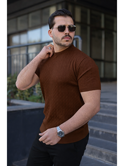 Comstar Erkek Premium Çizgili Yazlık Kahve Dar Triko Tişört