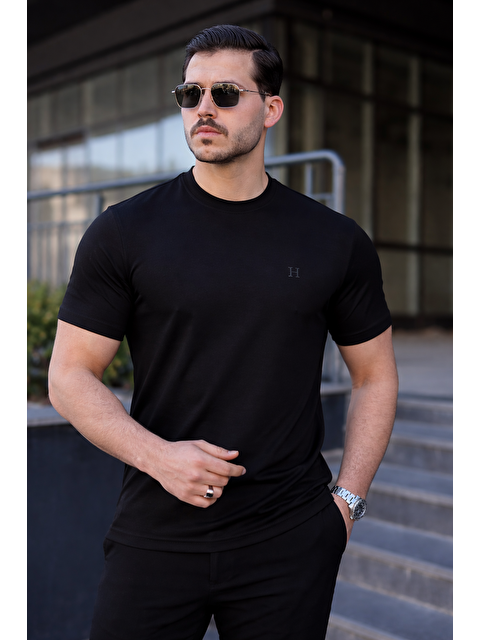 Comstar Erkek Kısa Kol Yazlık Baskılı Siyah Dar Tişört