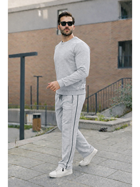 Comstar Erkek Çizgili Bisiklet Yaka Dar A.Gri Eşofman Takımı