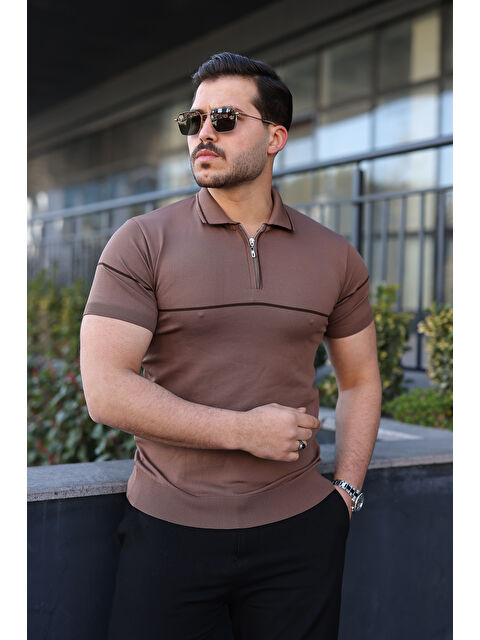 Comstar Erkek Günlük Çizgili Fermuarlı Triko S.Kahve Polo Yaka Tişört