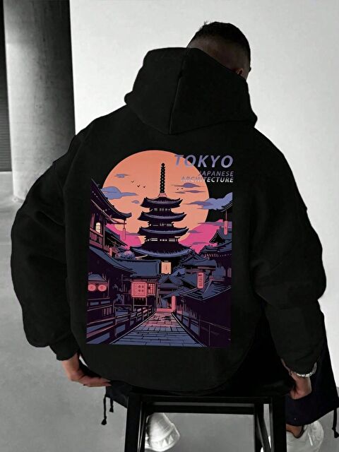 Trendseninle Siyah Architecture Baskılı Kapüşonlu Erkek Uzun Kollu Hoodie - S000352228-26426