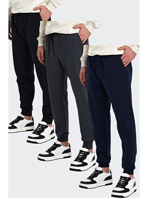 Mmetalic Erkek Siyah-Lacivert-Antrasit Arka Cep Etiket Detaylı Paça Lastikli Regular Fit 3'Lü Eşofman Altı M - S000440497-37189