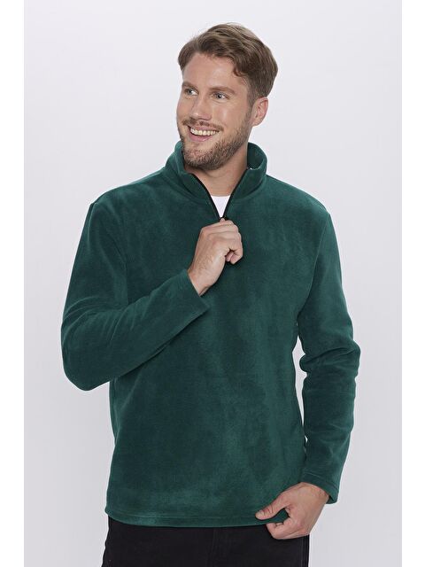 TUDORS Erkek Standart Fit  Tüylenme Yapmayan Soğuk Geçirmez Yeşil Dik Yaka Polar Sweatshirt