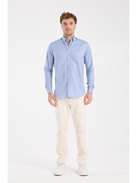 ABBATE Aclub Ac10104 Twill Pamuklu Slim Fit Koyu Mavi Düğmeli Yaka Erkek Düz Gömlek - S000474529-19393