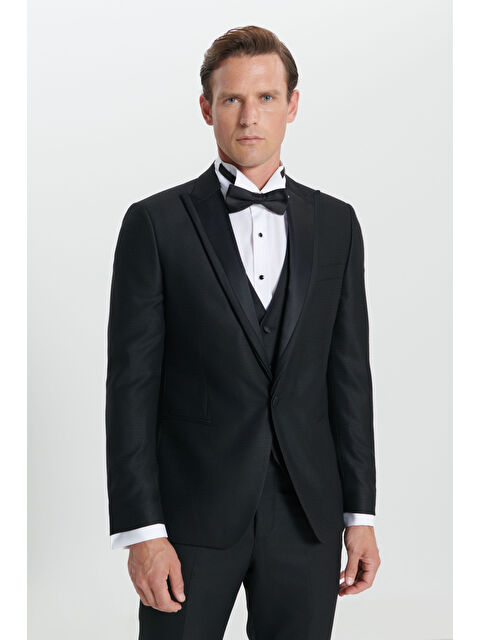 Altınyıldız Classics Erkek Siyah Slim Fit Dar Kesim Kırlangıç Yaka Desenli Yelekli Smokin Takım - S000402633-19351