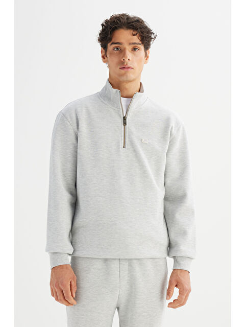 Lee Regular Fit Normal Kesim Kapüşonlu Fermuar Detaylı Gri Melanj Sweatshirt