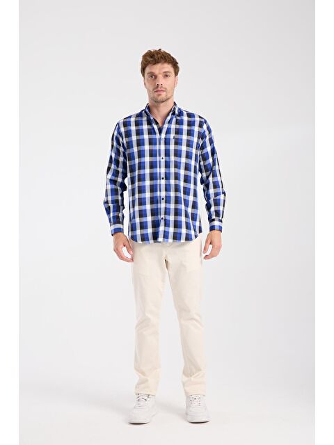 ABBATE Aclub Ac10100 Twill Pamuk Karışımlı Regular Fit Lacivert Düğmeli Yaka Erkek Kareli Gömlek - S000474534-21164