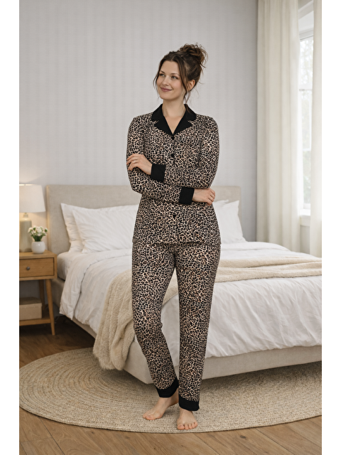 Formo PREMIUM Kadın Leopar Viskon Gömlek Yaka Boydan Düğmeli Uzun Kollu Yüksek Kalite Pijama Takımı - S000503878-19413