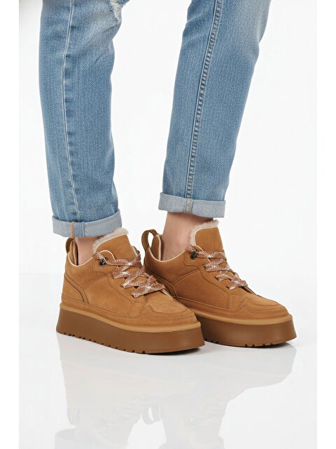 Ayakmod Taba Süet Polarlı Bağcıklı Kaymaz Kadın Bot 2613 Z - S000493408-37454