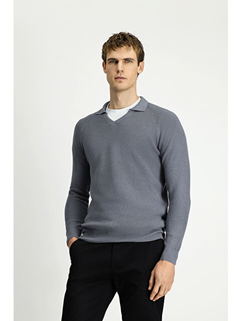 Kiğılı Polo Yaka Slim Fit Dar Kesim Desenli Pamuklu Yünlü Triko Kazak - S000407846-74