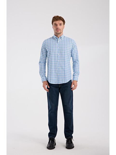 ABBATE Aclub Ac10083 Oxford Pamuk Karışımlı Slim Fit Turkuaz Düğmeli Yaka Erkek Kareli Gömlek - S000474546-20055