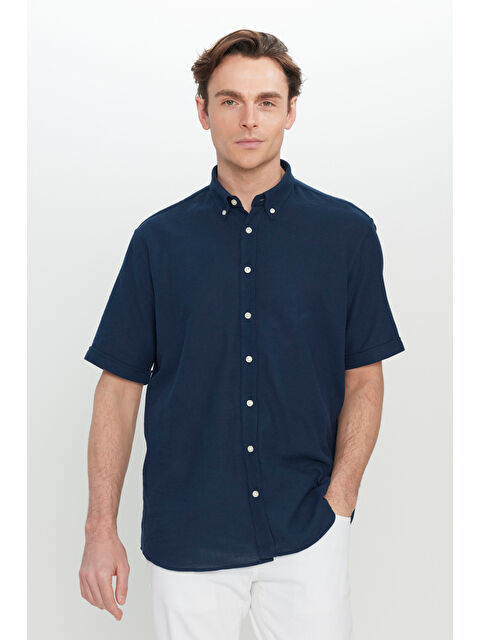 AC&Co / Altınyıldız Classics Erkek Lacivert %100 Pamuk Comfort Fit Rahat Kesim Düğmeli Gömlek Yaka Armürlü Gömlek