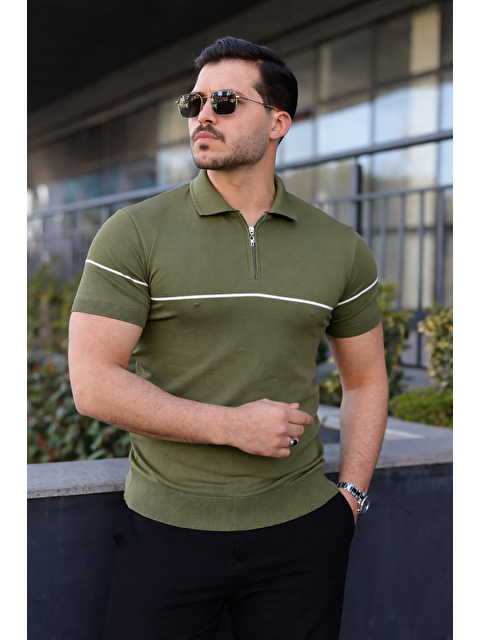 Comstar Erkek Günlük Çizgili Fermuarlı Triko Yeşil Polo Yaka Tişört