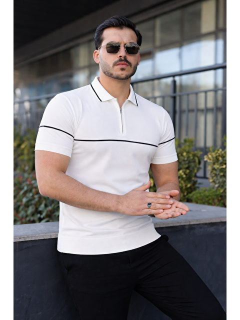 Comstar Erkek Günlük Çizgili Fermuarlı Triko Beyaz Polo Yaka Tişört