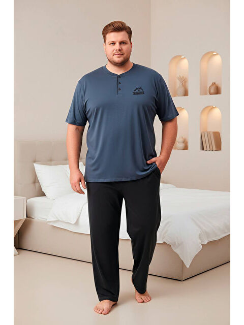 SEBOTEKS %100 Pamuklu Yakası Düğmeli Kısa Kollu Cepli Büyük Beden Erkek Pijama Takımı 2009 - S000511100-23093
