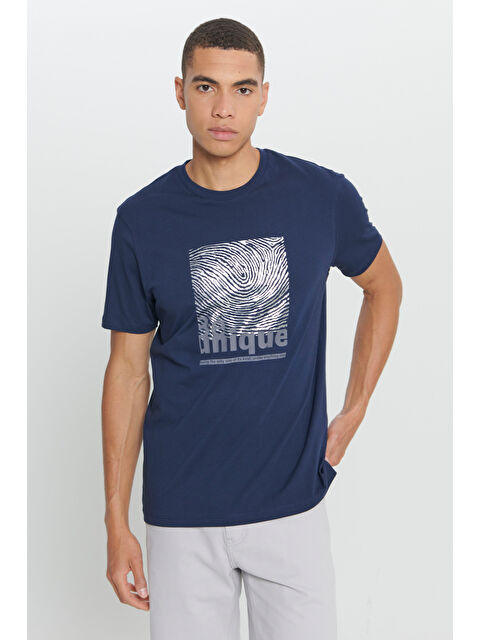 AC&Co / Altınyıldız Classics Erkek Lacivert Comfort Fit Rahat Kesim %100 Pamuk Bisiklet Yaka Tişört - S000397765-21164