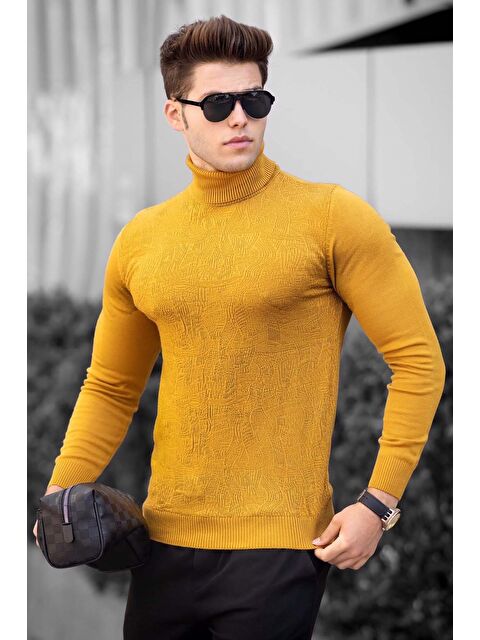 Madmext Hardal Balıkçı Yaka Önü Desenli Kazak 4657 - S000438972-7379