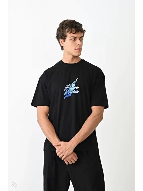 Jane's Unisex Bisiklet Yaka Baskılı Oversize T-Shirt - Siyah - S000528245-19351