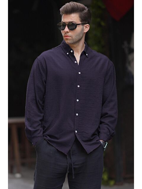 Madmext Lacivert Uzun Kollu Oversize Erkek %100 Pamuk Gömlek 6735 - S000156755-21164