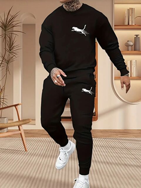 Trendseninle Erkek Siyah Çita Baskılı Bisiklet Yaka Alt Üst Eşofman Takımı - S000487957-19351